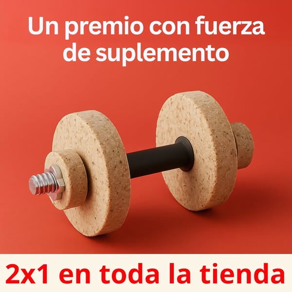 A minimalist, high-contrast ad featuring a unique dumbbell made of organic-looking material, promoting a 2x1 storewide offer.